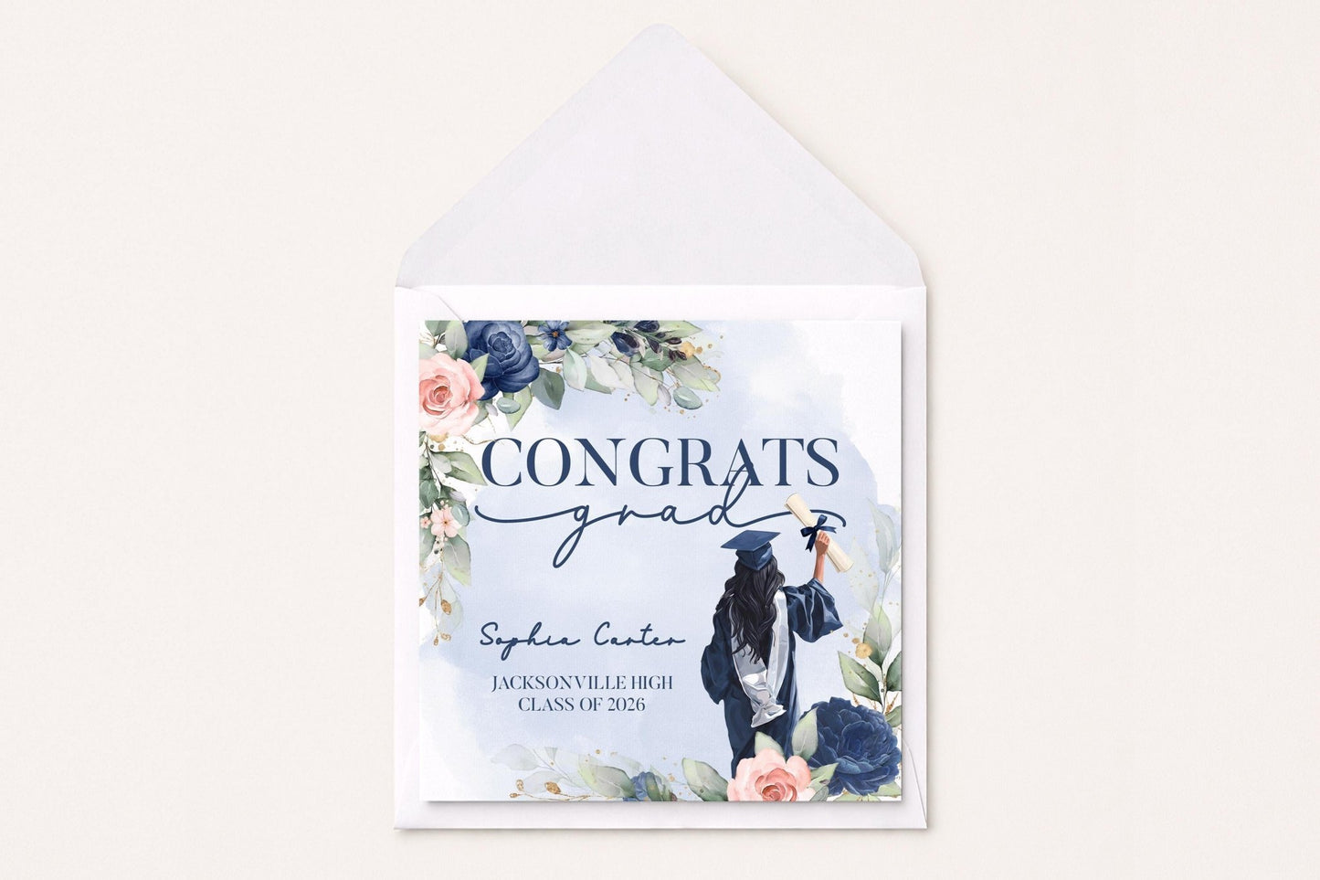 Navy Blush Graduation Card Personalized, Congrats Grad Watercolor - Pretty Gifted