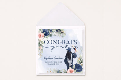 Navy Blush Graduation Card Personalized, Congrats Grad Watercolor - Pretty Gifted