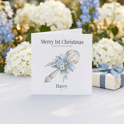 Nephew 1st Christmas Card | Personalized Baby Boy Blue Keepsake - Pretty Gifted