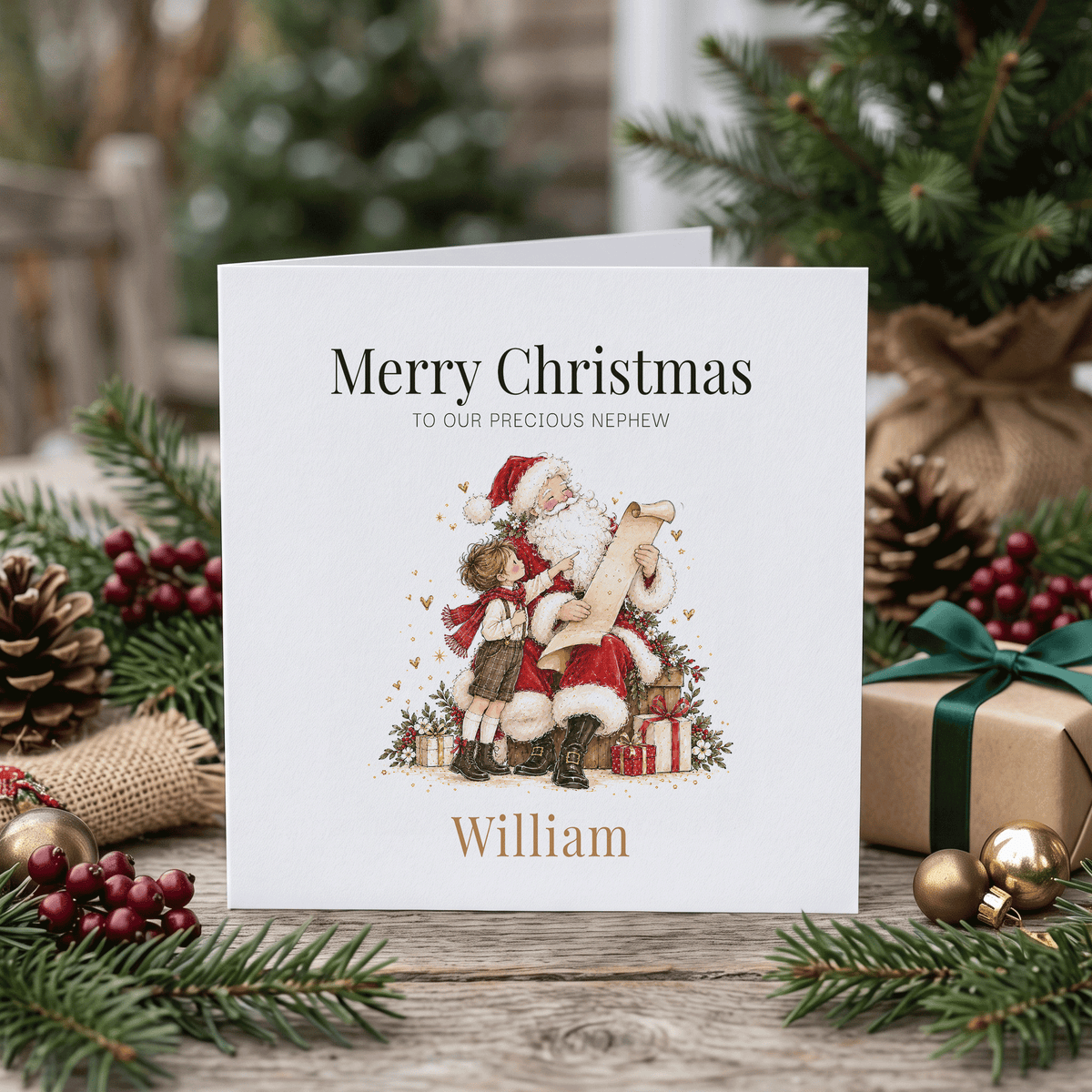 Nephew Christmas Card, His Name and a Santa Illustration - Pretty Gifted