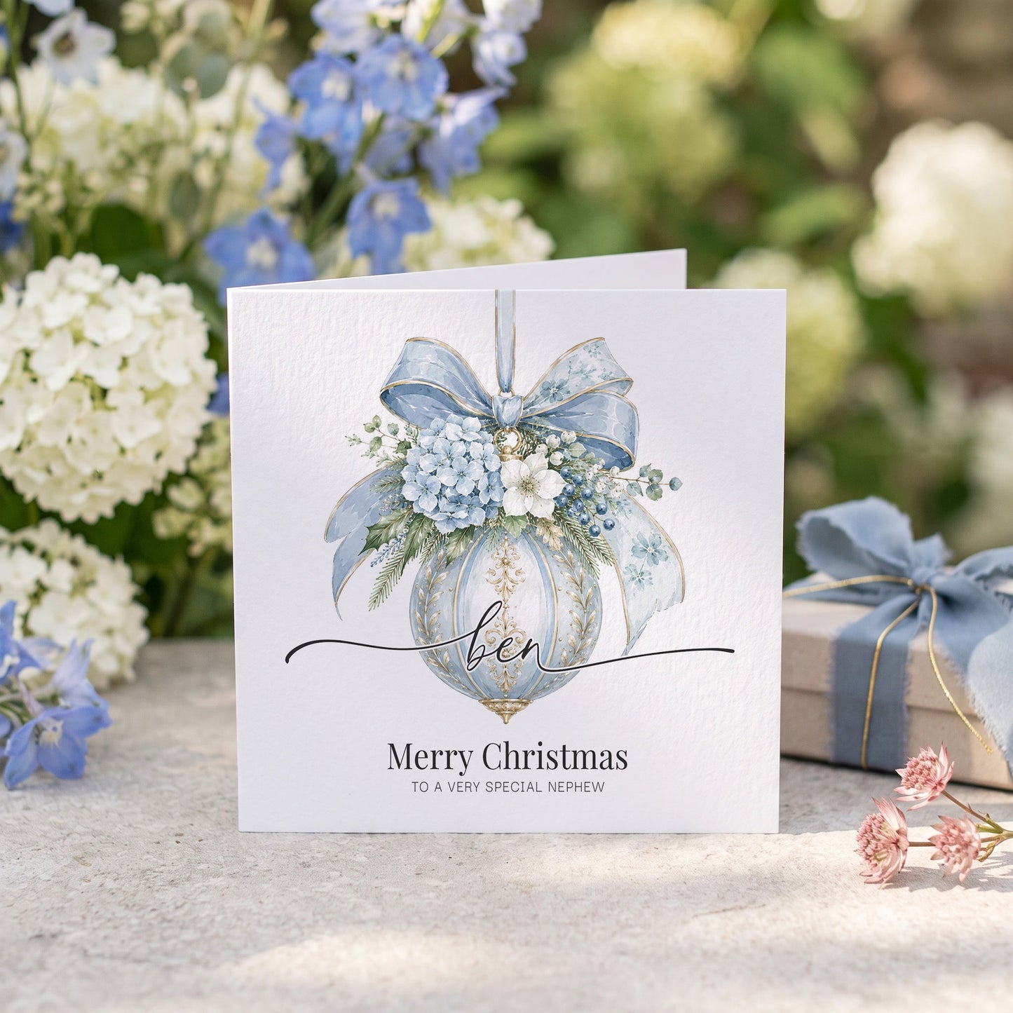 Nephew Christmas Card | Personalized Blue Bauble Name Keepsake - Pretty Gifted