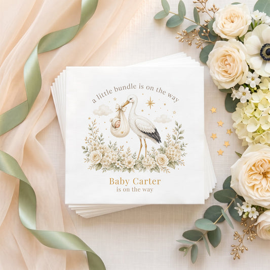 Neutral Stork A Little Bundle Baby Shower Napkins - Pretty Gifted