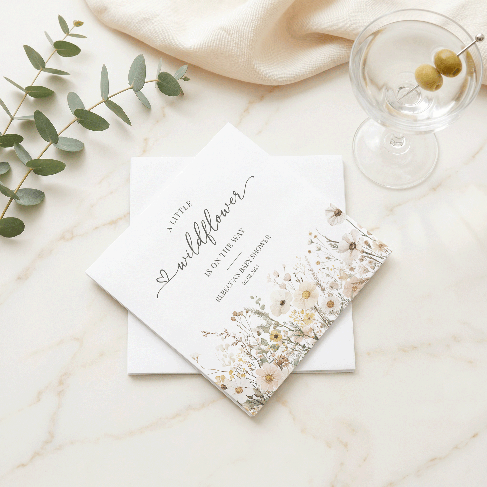 Neutral Wildflower Baby Shower Napkins – Beige Boho Floral Cocktail Napkins - Pretty Gifted