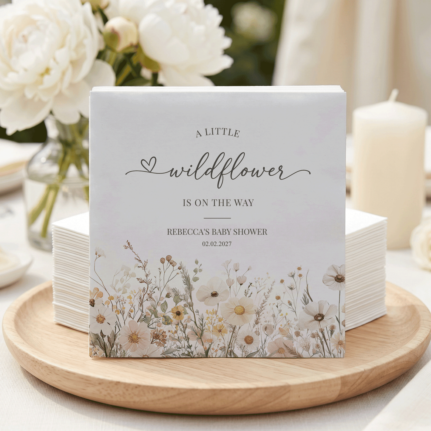 Neutral Wildflower Baby Shower Napkins – Beige Boho Floral Cocktail Napkins - Pretty Gifted
