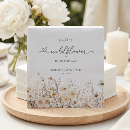 Neutral Wildflower Baby Shower Napkins – Beige Boho Floral Cocktail Napkins - Pretty Gifted