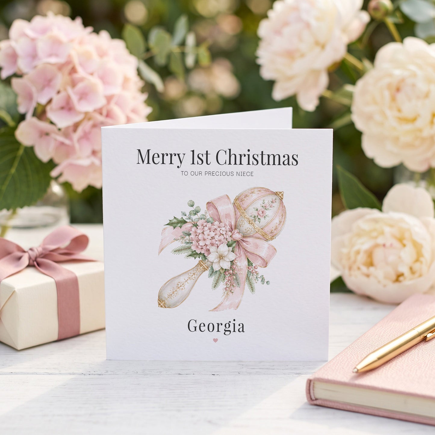 Niece 1st Christmas Card | Personalized Baby Girl Pink Keepsake - Pretty Gifted