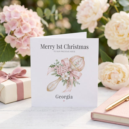Niece 1st Christmas Card | Personalized Baby Girl Pink Keepsake - Pretty Gifted