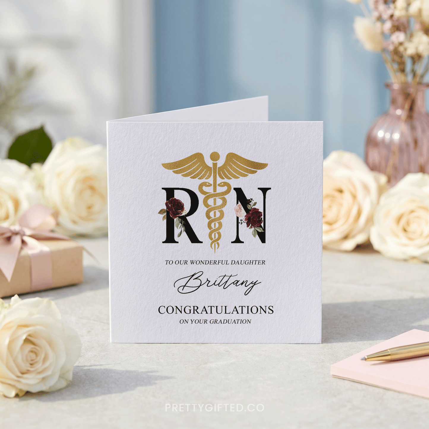 Nurse Graduation Card Daughter Personalized RN Congratulations Floral Keepsake - Pretty Gifted