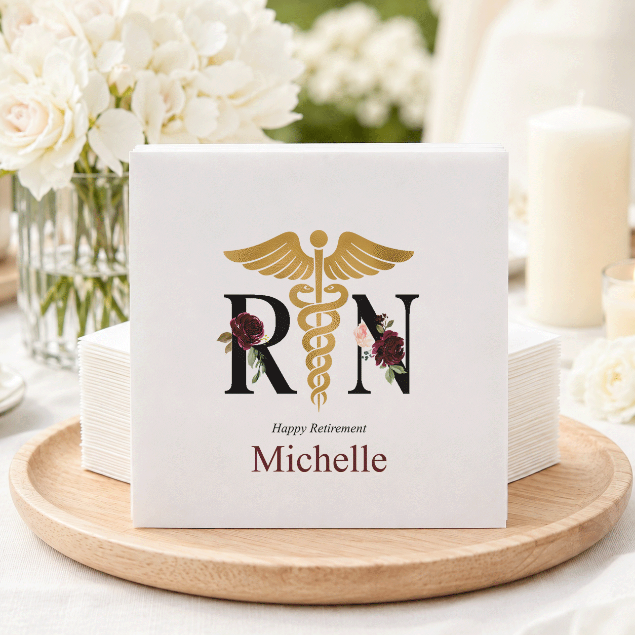 Nurse Retirement Napkins, Burgundy Floral RN Design - Pretty Gifted