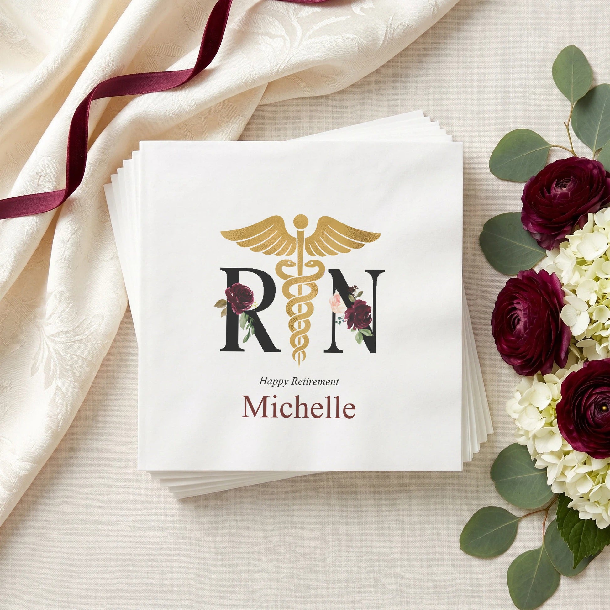 Nurse Retirement Napkins, Burgundy Floral RN Design - Pretty Gifted
