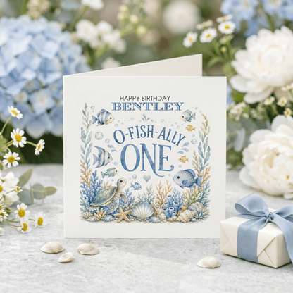 O - Fish - Ally One First Birthday Card Boy, Personalized - Pretty Gifted