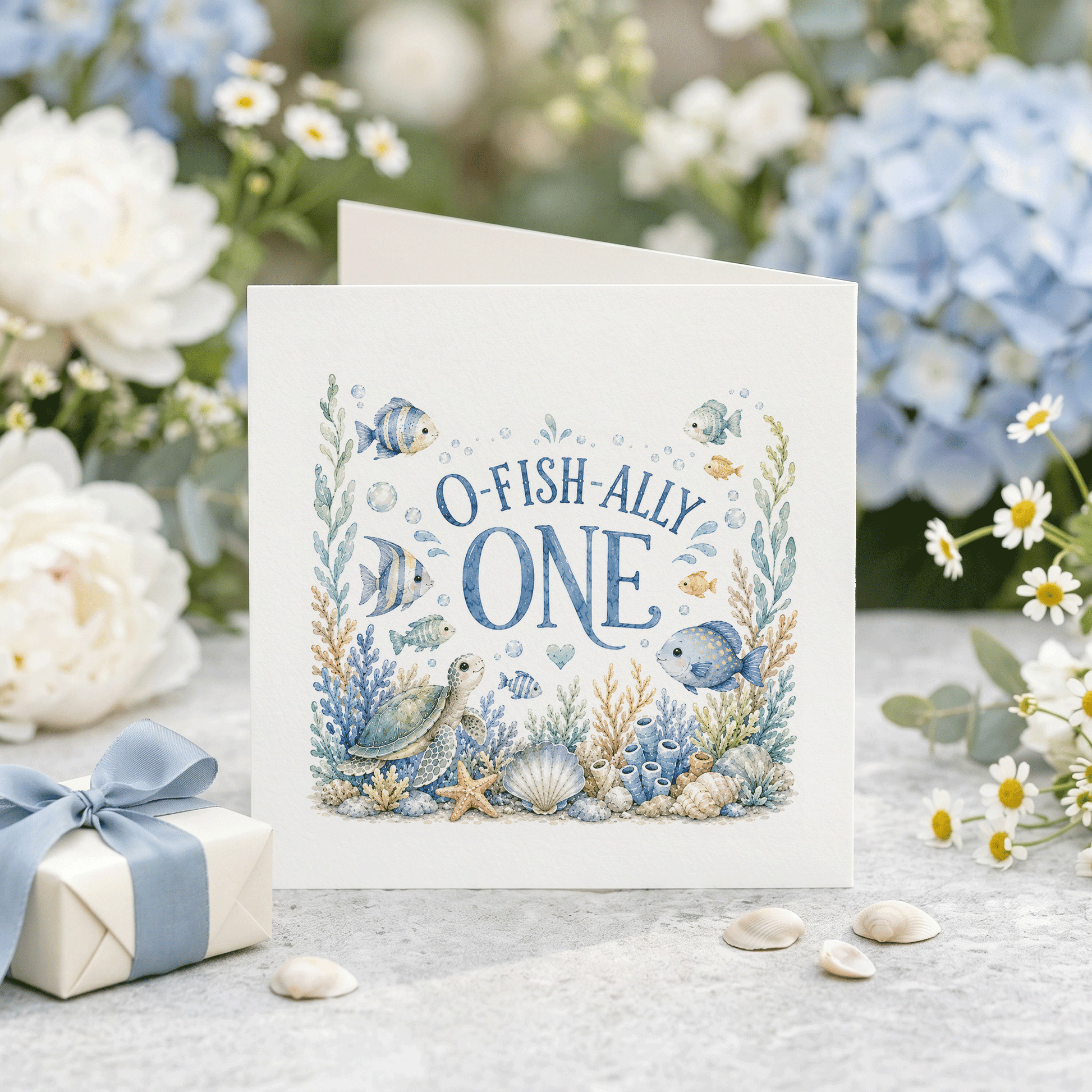 O - Fish - Ally One First Birthday Card Boy, Personalized - Pretty Gifted