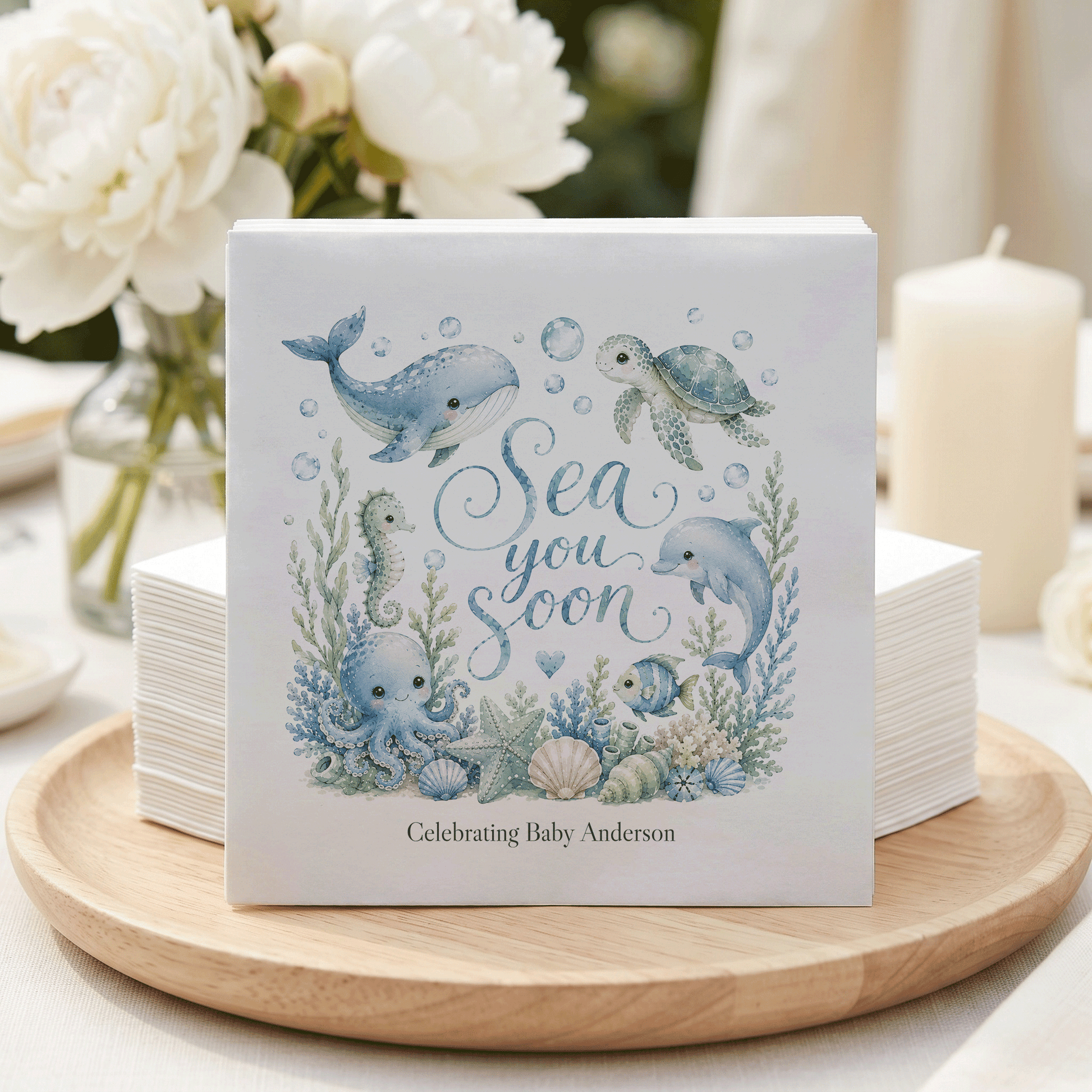 Ocean Baby Shower Napkins Boy, Sea You Soon Personalized - Pretty Gifted