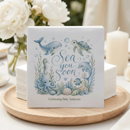 Ocean Baby Shower Napkins Boy, Sea You Soon Personalized - Pretty Gifted