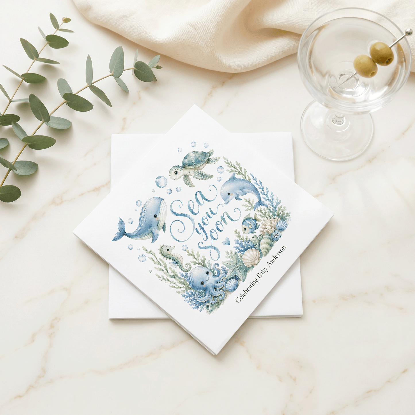 Ocean Baby Shower Napkins Boy, Sea You Soon Personalized - Pretty Gifted