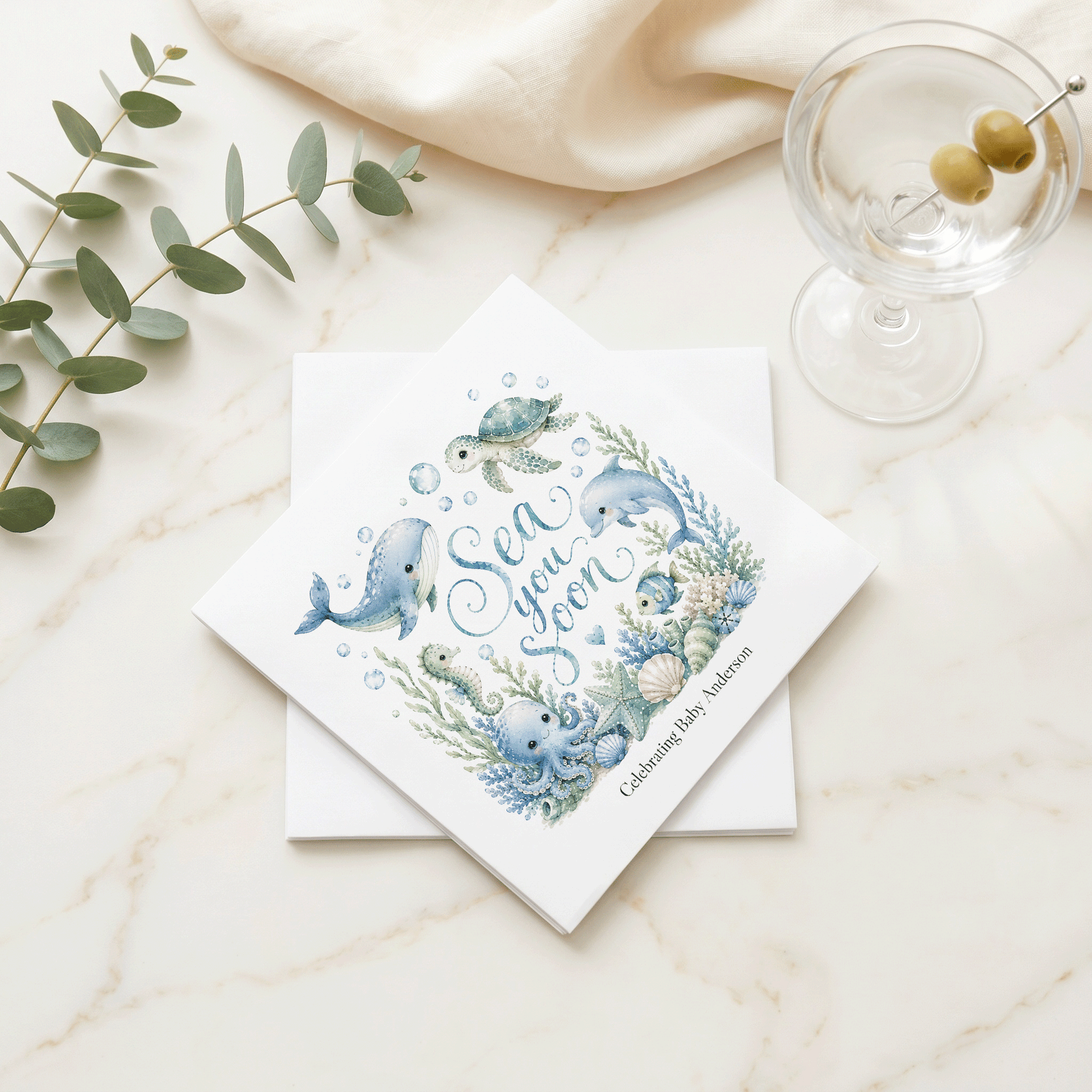 Ocean Baby Shower Napkins Boy, Sea You Soon Personalized - Pretty Gifted