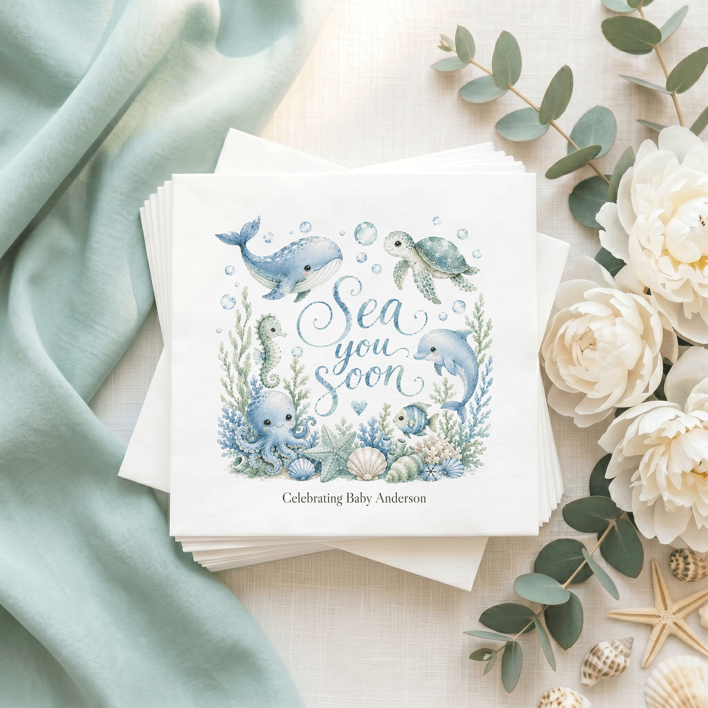 Ocean Baby Shower Napkins Boy, Sea You Soon Personalized - Pretty Gifted