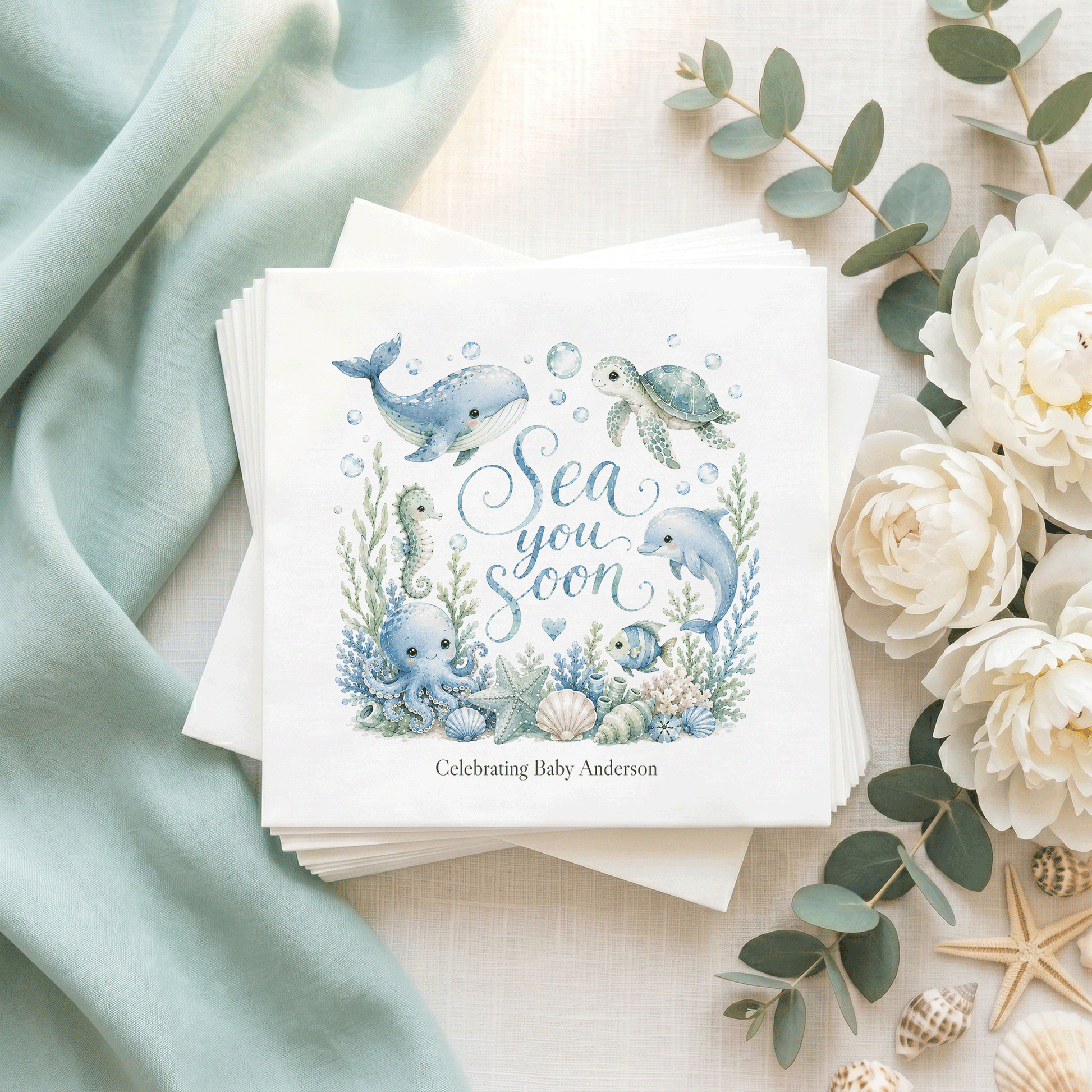 Ocean Baby Shower Napkins Boy, Sea You Soon Personalized - Pretty Gifted