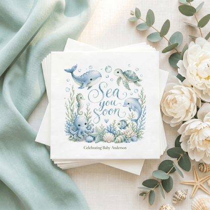 Ocean Baby Shower Napkins Boy, Sea You Soon Personalized - Pretty Gifted