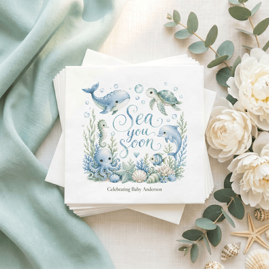 Ocean Baby Shower Napkins Boy, Sea You Soon Personalized - Pretty Gifted