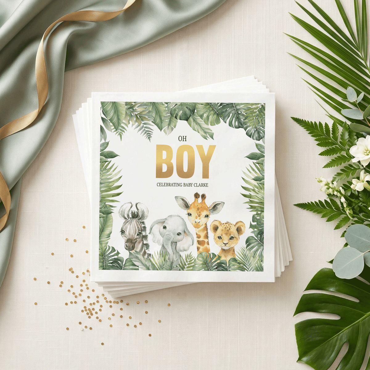 Oh Boy Baby Shower Napkins, Tropical Safari Animals - Pretty Gifted