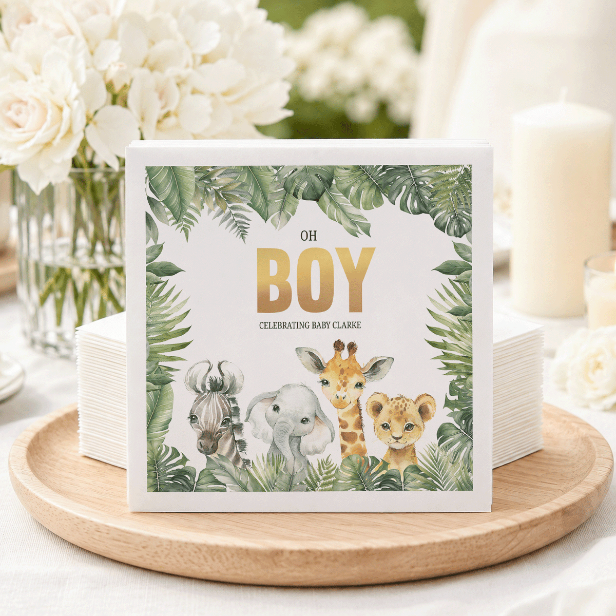 Oh Boy Baby Shower Napkins, Tropical Safari Animals - Pretty Gifted