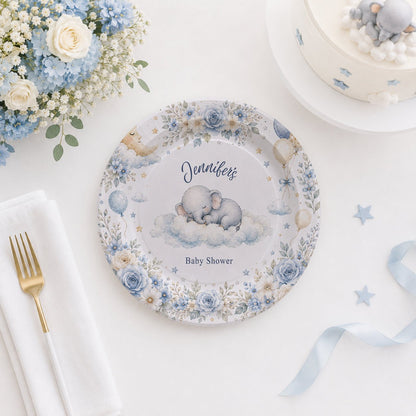 On Cloud Nine Boy Baby Shower Plates, Personalized Blue - Pretty Gifted