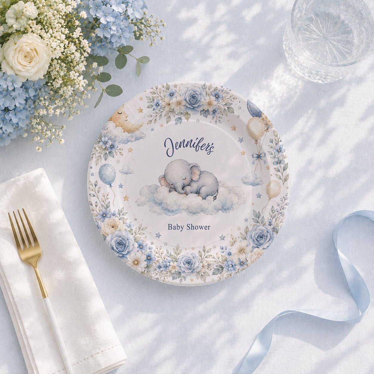On Cloud Nine Boy Baby Shower Plates, Personalized Blue - Pretty Gifted
