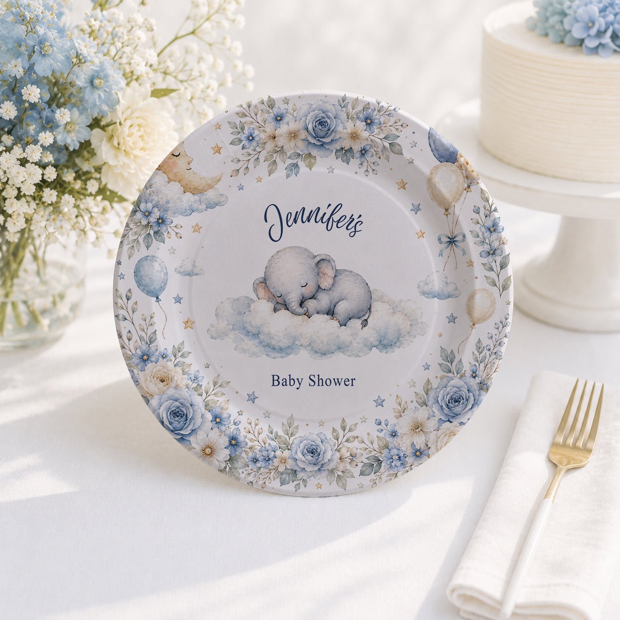 On Cloud Nine Boy Baby Shower Plates, Personalized Blue - Pretty Gifted