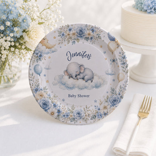 On Cloud Nine Boy Baby Shower Plates, Personalized Blue - Pretty Gifted