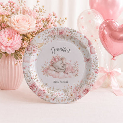 On Cloud Nine Girl Baby Shower Plates, Personalized Pink - Pretty Gifted
