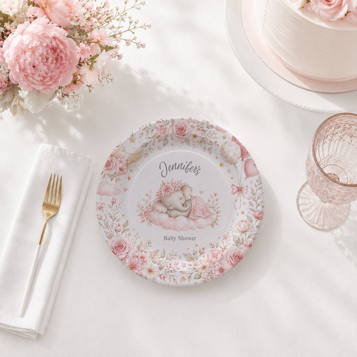 On Cloud Nine Girl Baby Shower Plates, Personalized Pink - Pretty Gifted