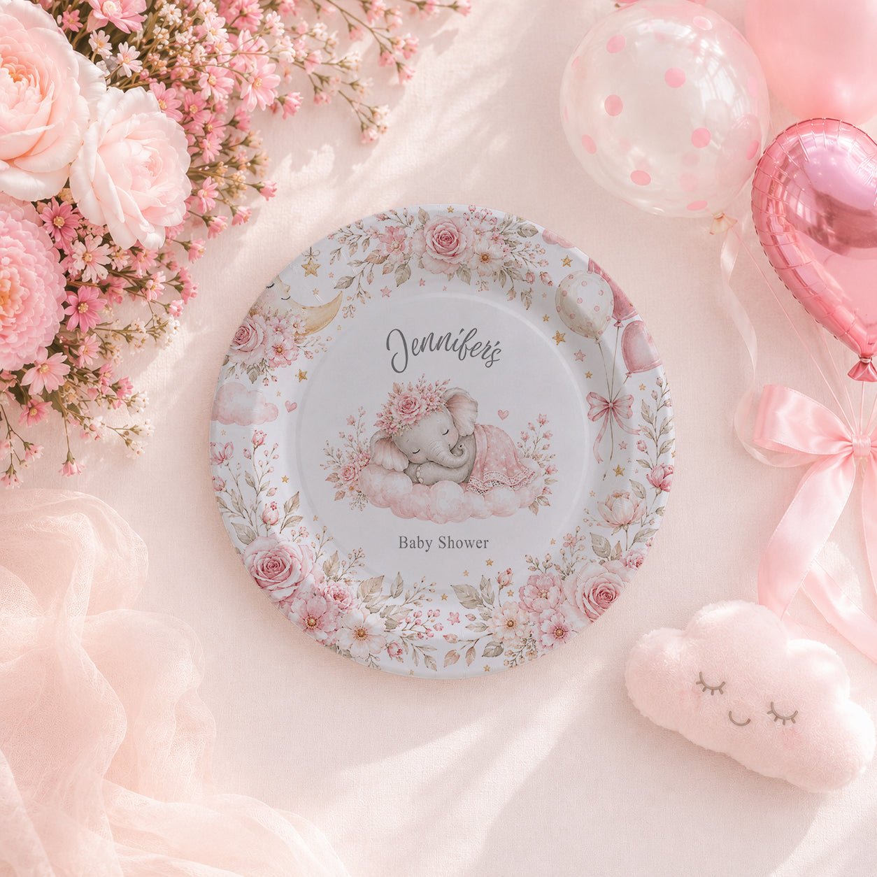 On Cloud Nine Girl Baby Shower Plates, Personalized Pink - Pretty Gifted
