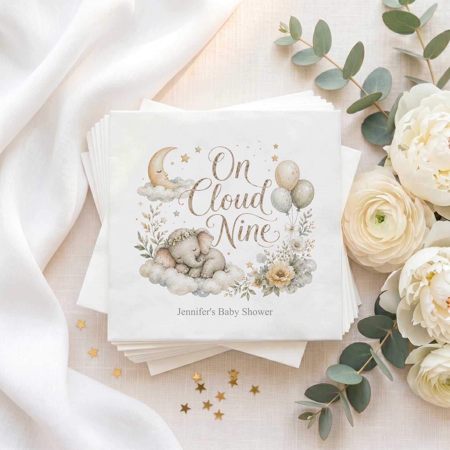 On Cloud Nine Neutral Baby Shower Napkins, Personalized - Pretty Gifted