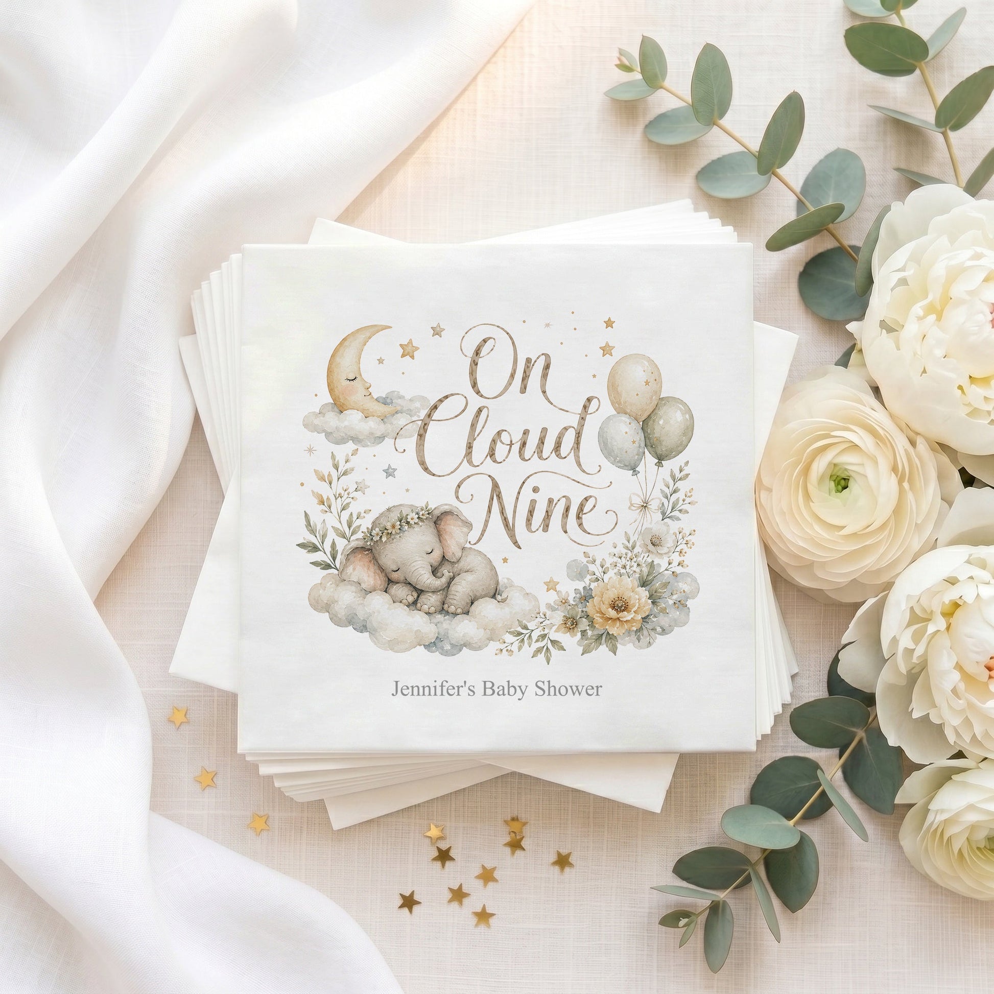On Cloud Nine Neutral Baby Shower Napkins, Personalized - Pretty Gifted
