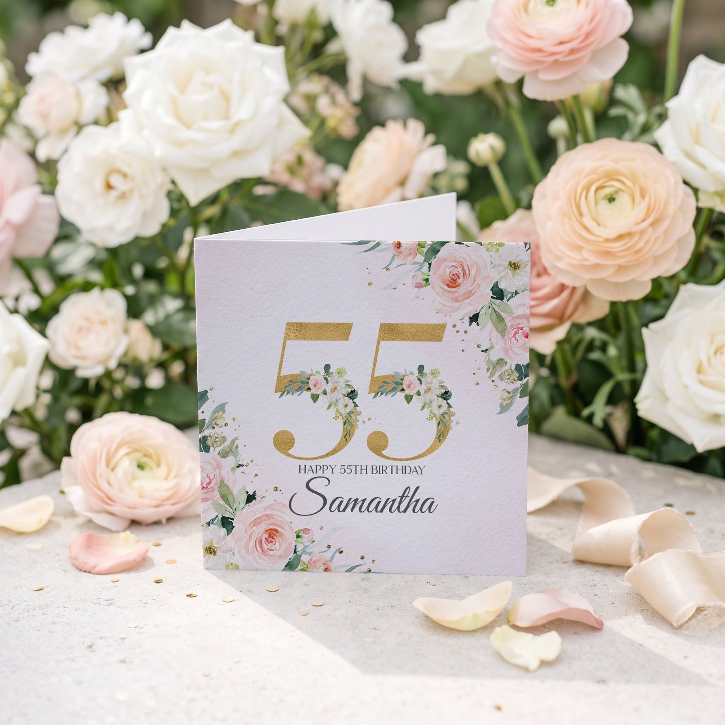 Peach and Gold Floral 55th Birthday Card with Custom Name - Pretty Gifted