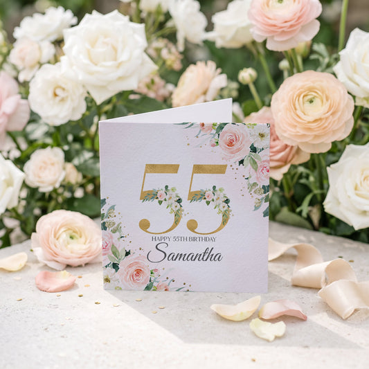 Peach and Gold Floral 55th Birthday Card with Custom Name - Pretty Gifted