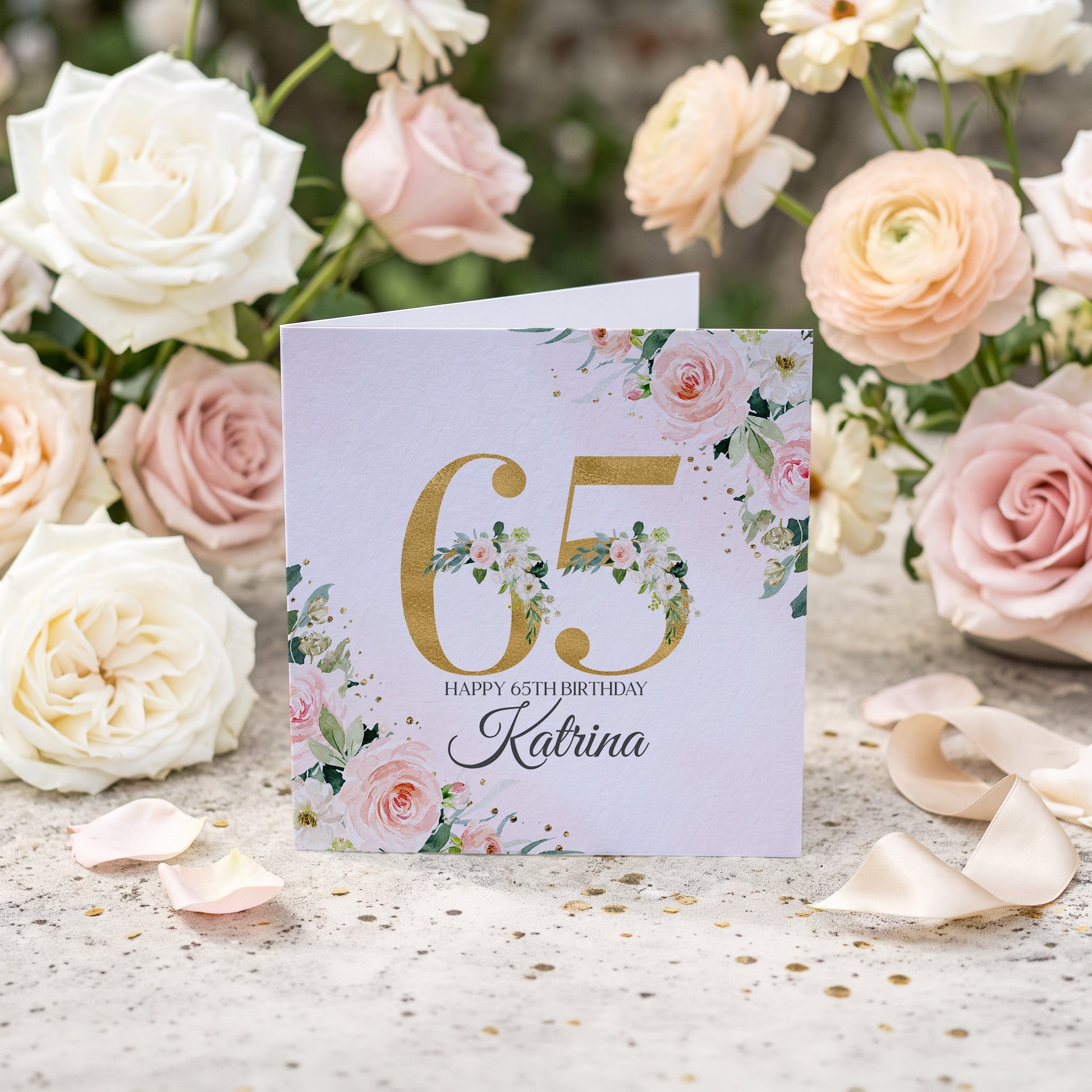 Peach and Gold Floral 65th Birthday Card with Name - Pretty Gifted