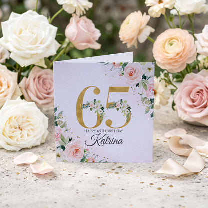 Peach and Gold Floral 65th Birthday Card with Name - Pretty Gifted
