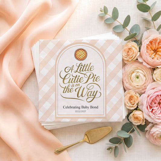 Peach Gingham Little Cutie Pie Baby Shower Napkins - Pretty Gifted
