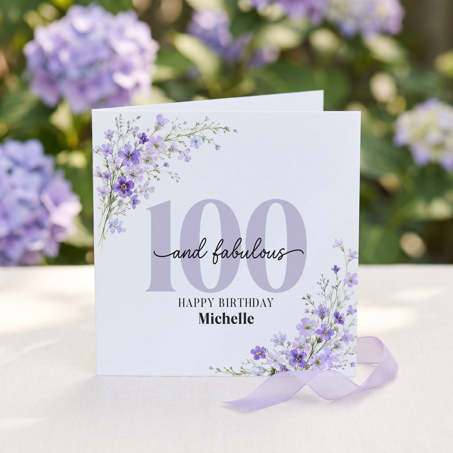 Personalized 100th Birthday Card, Purple Wildflower Floral - Pretty Gifted