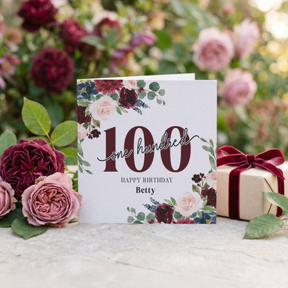 Personalized 100th Birthday Card with Centennial Burgundy Floral Script - Pretty Gifted
