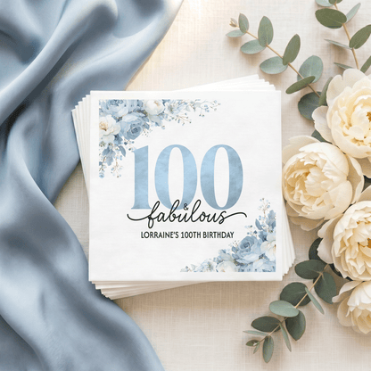 Personalized 100th Birthday Napkins with Blue Florals - Pretty Gifted