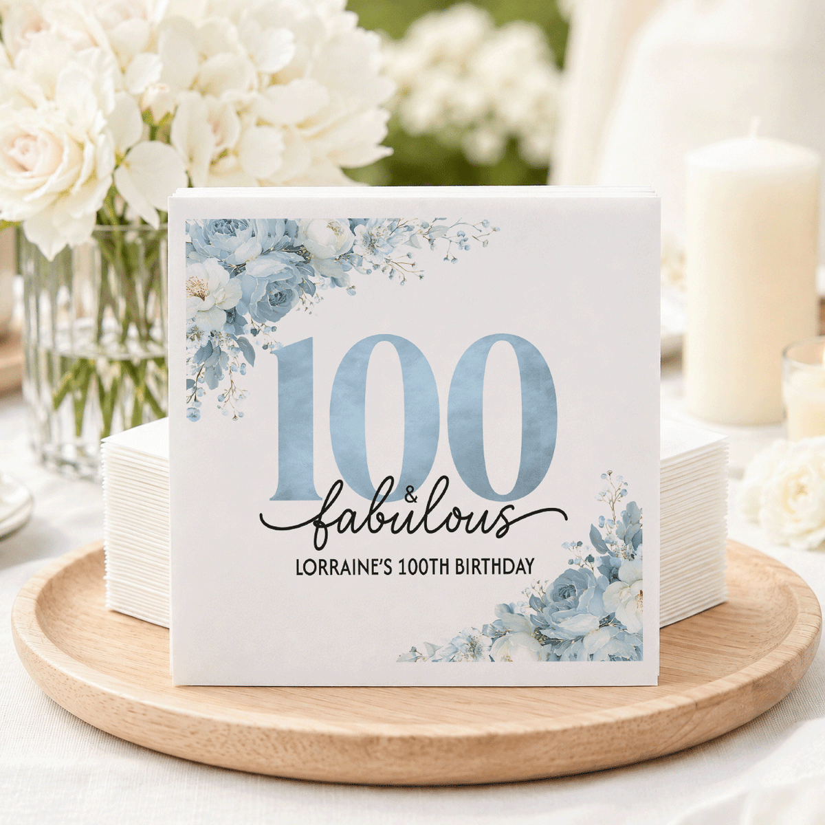 Personalized 100th Birthday Napkins with Blue Florals - Pretty Gifted