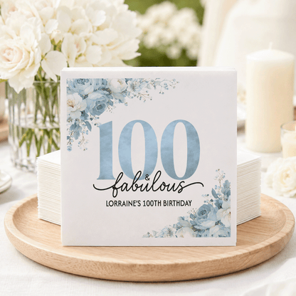 Personalized 100th Birthday Napkins with Blue Florals - Pretty Gifted