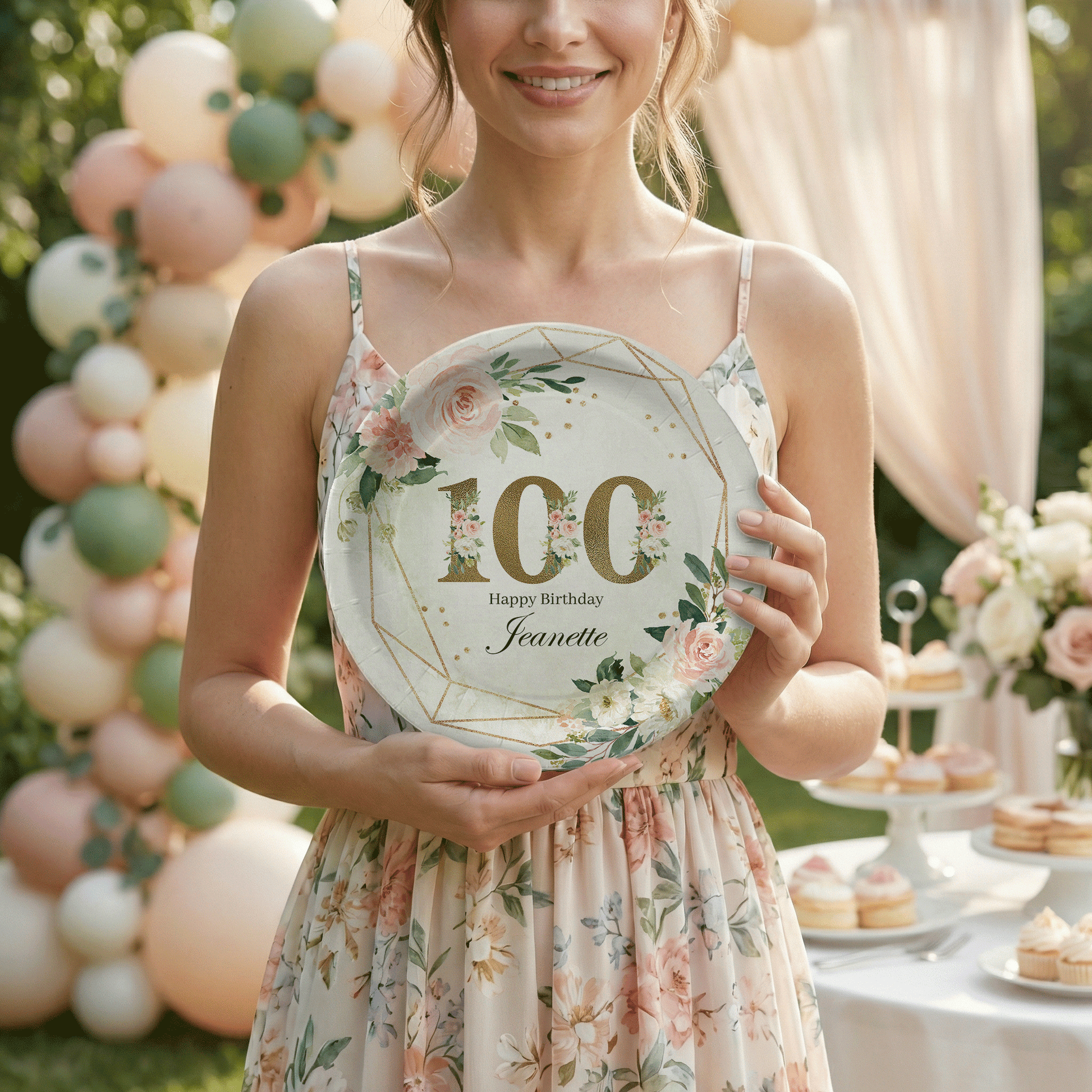 Personalized 100th Birthday Plates, Blush Rose Gold Geometric - Pretty Gifted
