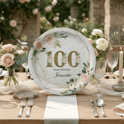 Personalized 100th Birthday Plates, Blush Rose Gold Geometric - Pretty Gifted