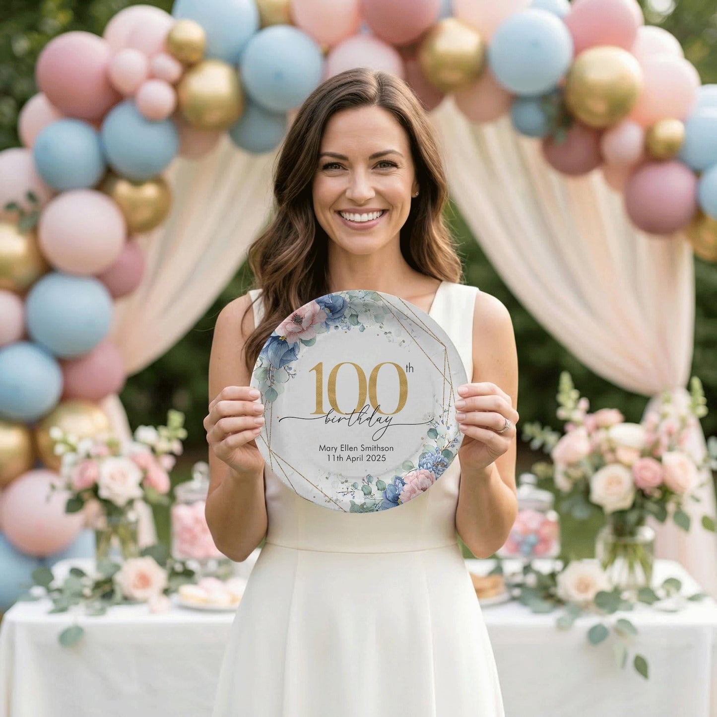 Personalized 100th Birthday Plates, Navy Floral Gold Geometric - Pretty Gifted