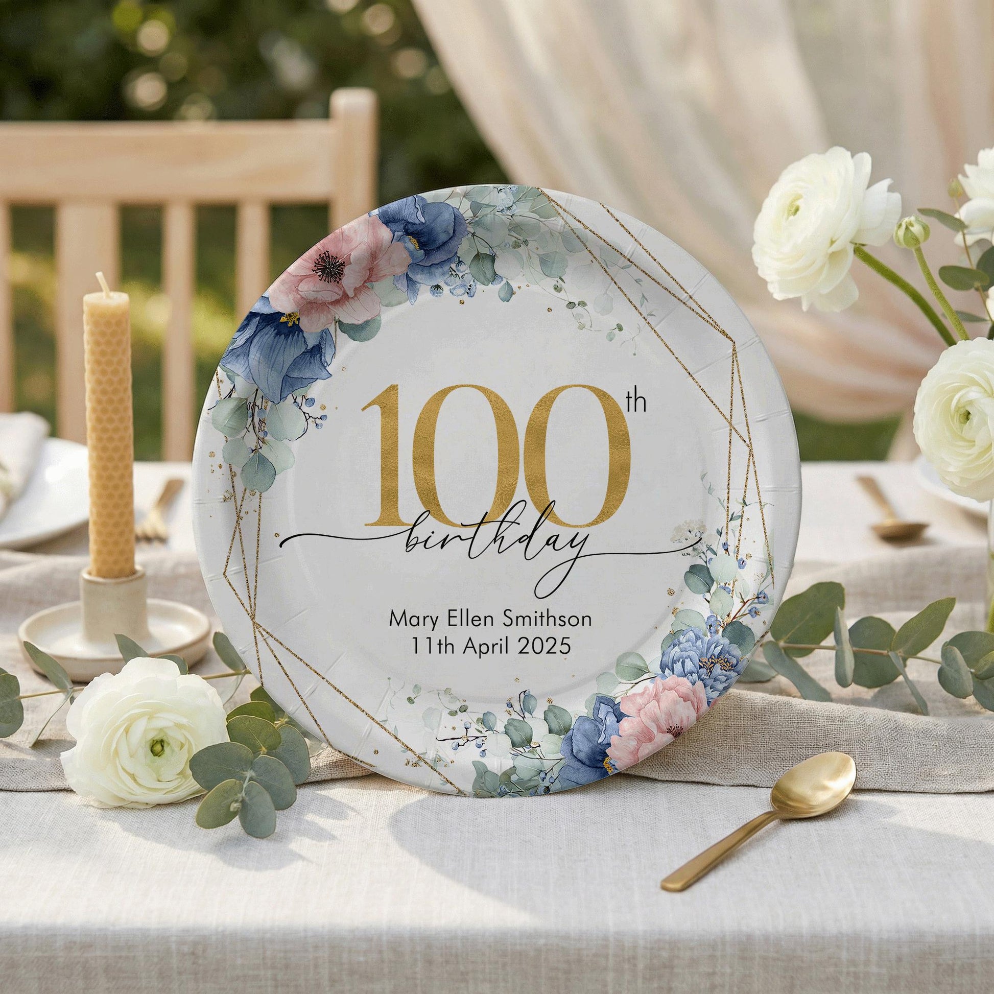Personalized 100th Birthday Plates, Navy Floral Gold Geometric - Pretty Gifted