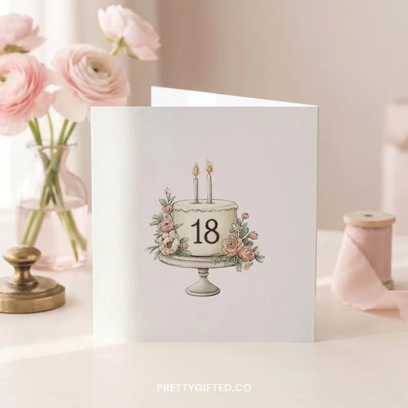 Personalized 18th Birthday Card with Illustrated Blush Floral Cake - Pretty Gifted